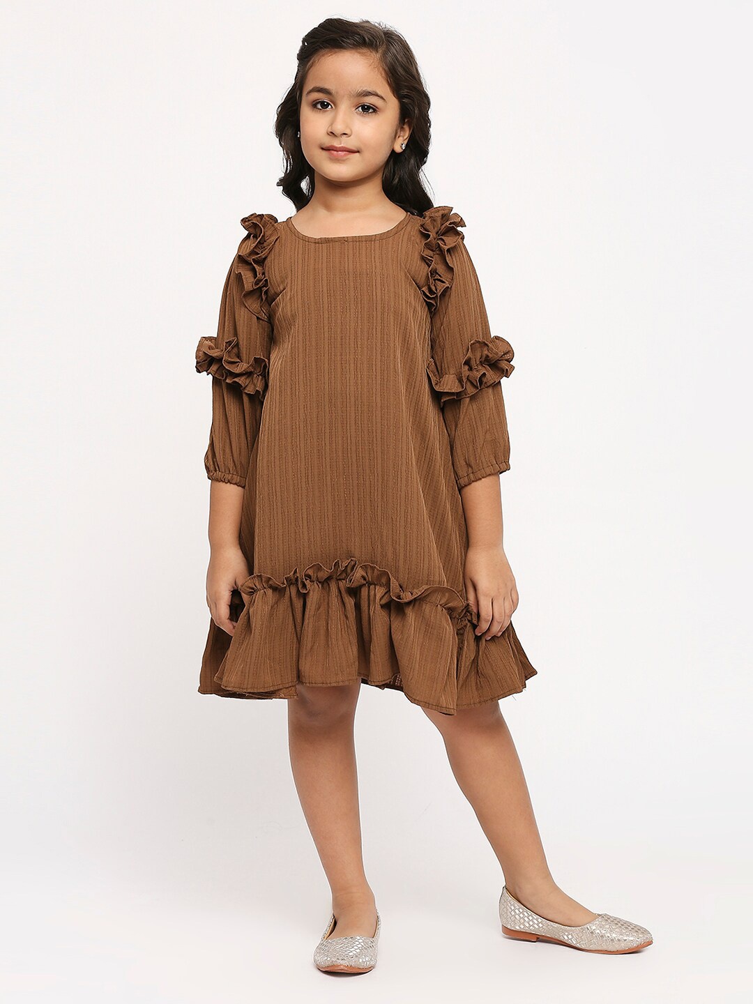 GUFRINA Girls Striped Ruffles Detailed A-Line Dress, Brown