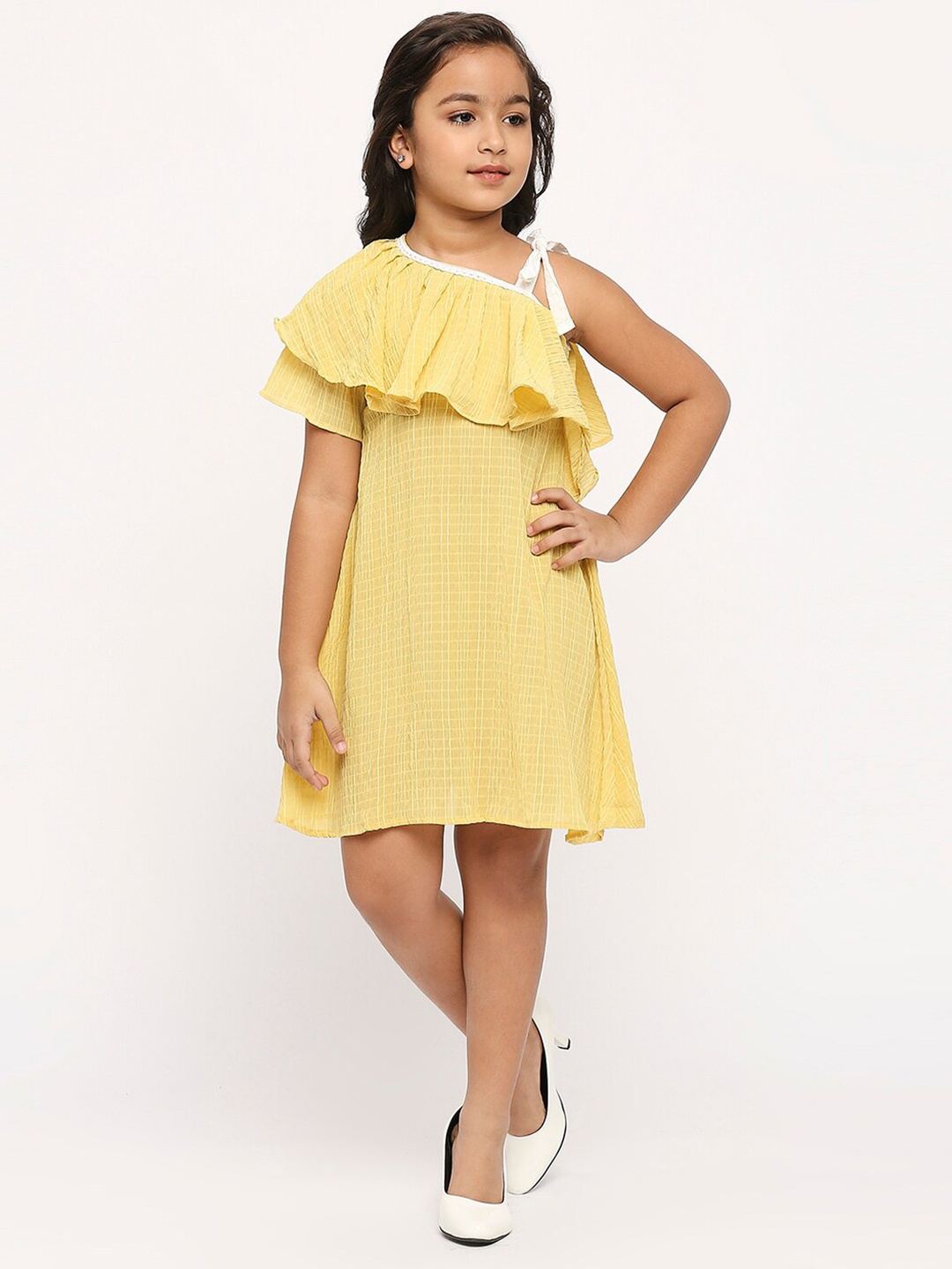 

GUFRINA Girls Checked Asymmetric Neck Ruffles Detailed A-Line Dress, Yellow