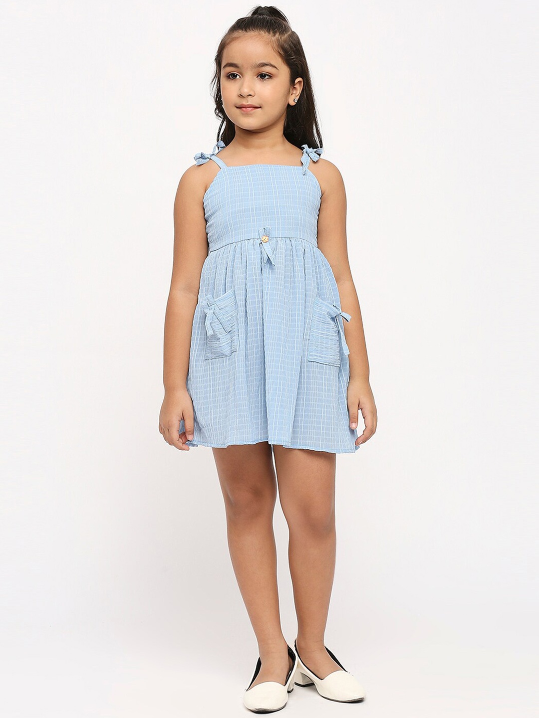 

GUFRINA Girls Checked Gathered Detailed Fit & Flare Dress, Blue