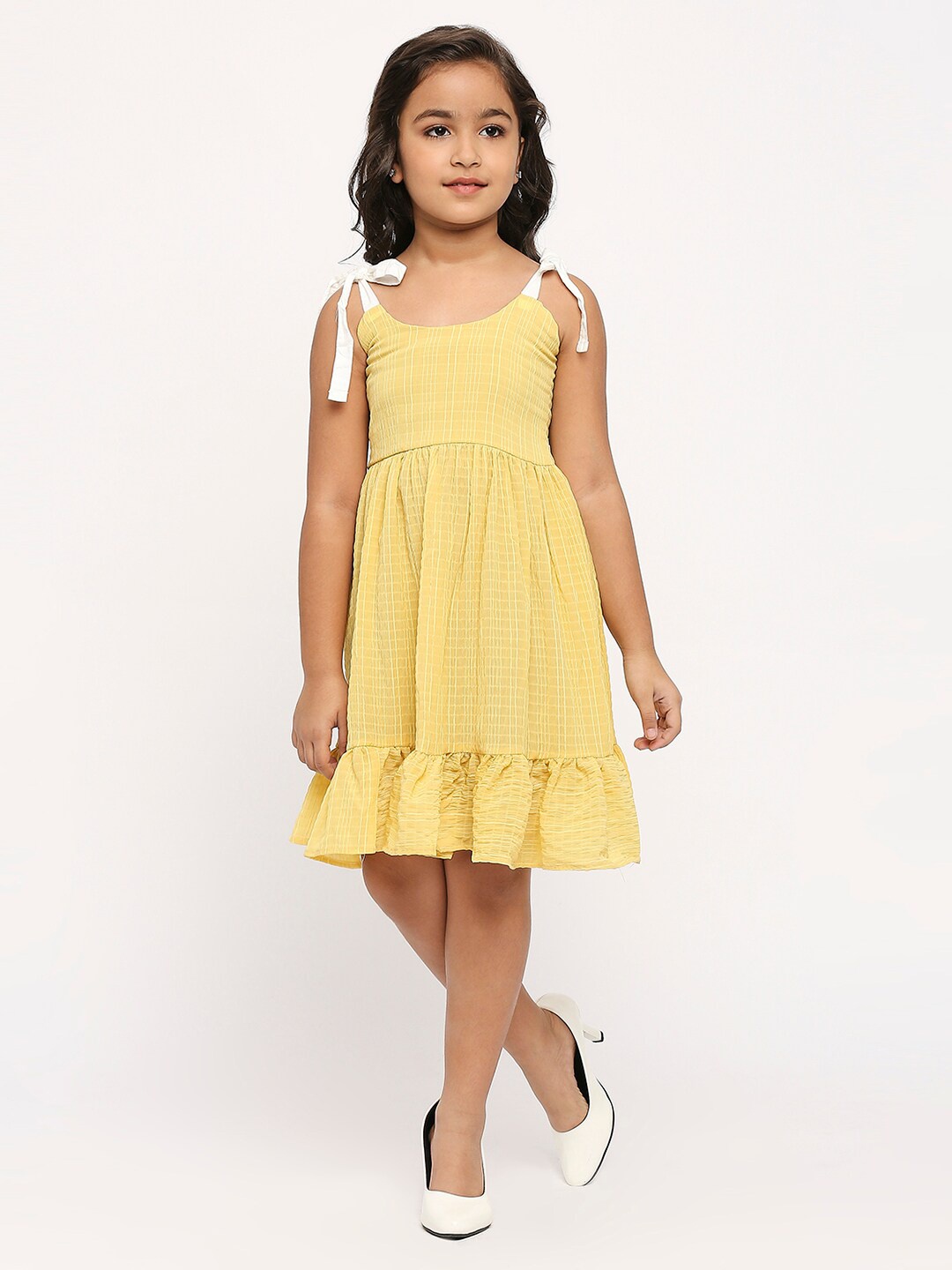 

GUFRINA Girls Checked Gathered Detailed Fit & Flare Dress, Yellow
