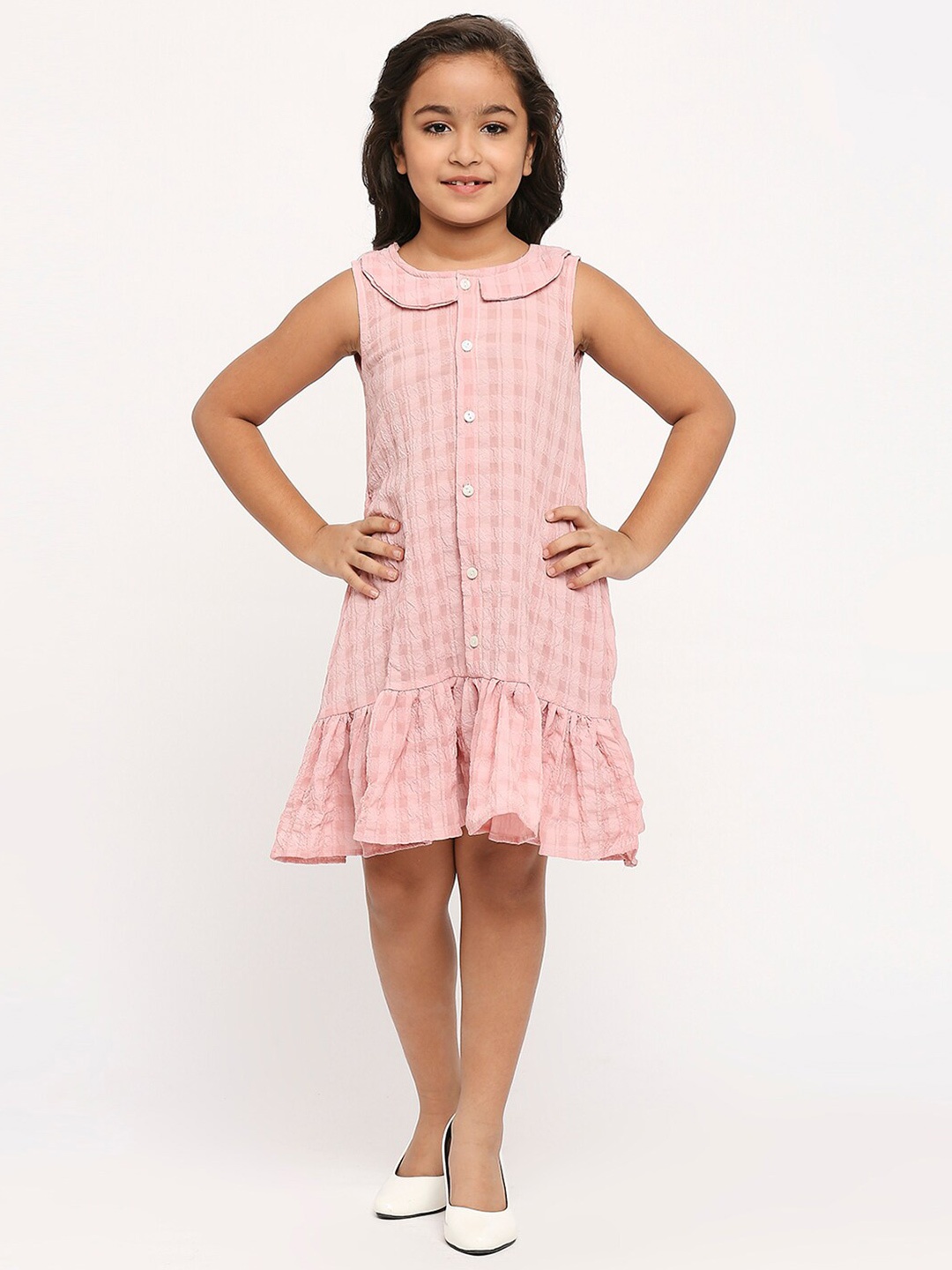 

GUFRINA Girls Checked Gathered Detailed A-Line Dress, Pink