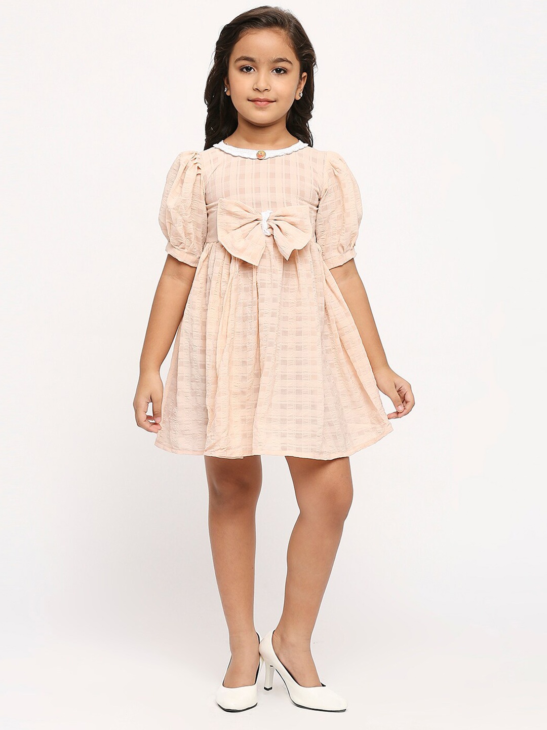 

GUFRINA Girls Checked Puffed Sleeves Bow Fit & Flare Dress, Beige