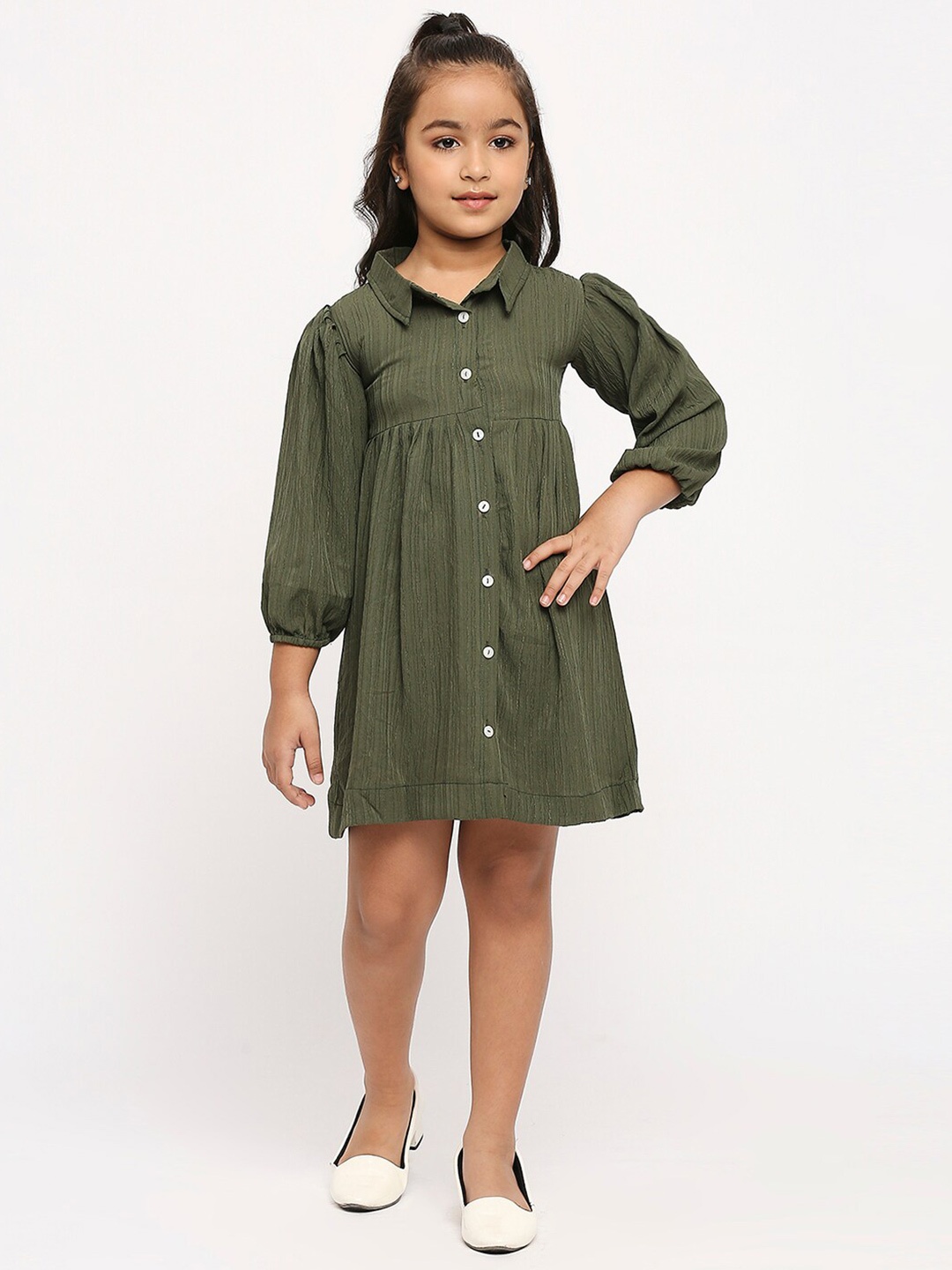 

GUFRINA Girls Self Design Shirt Collar Puffed Sleeves A-Line Dress, Green