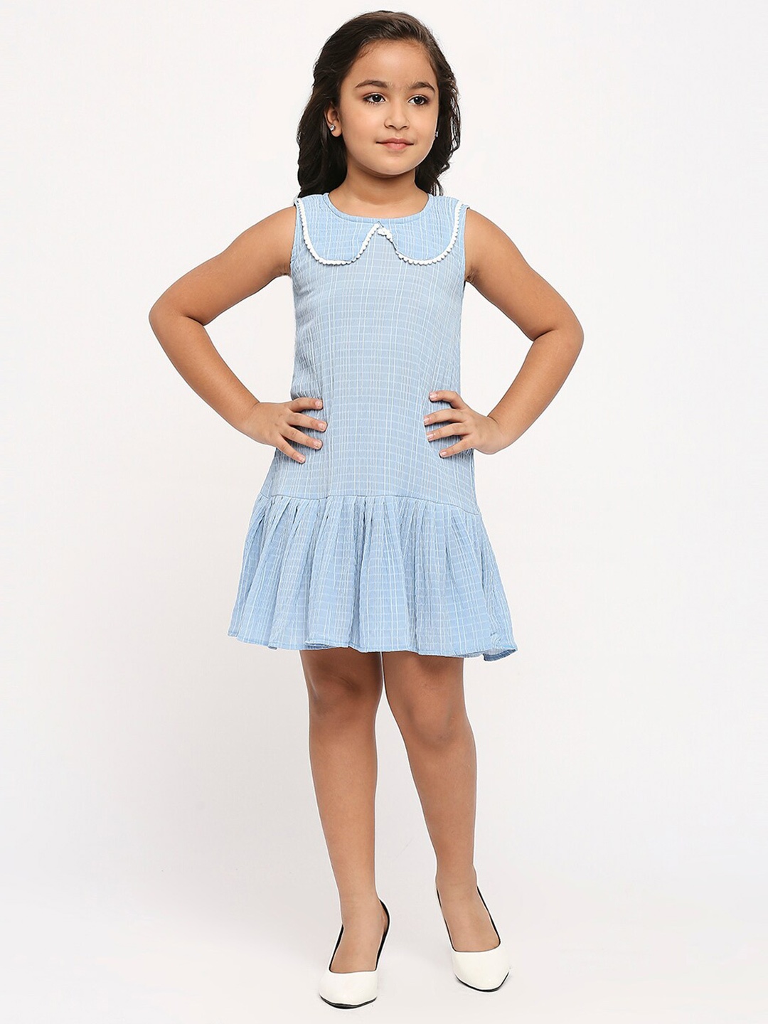 

GUFRINA Girls Checked Peter Pan Collar A-Line Dress, Blue