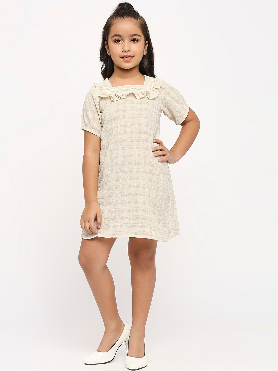 

GUFRINA Girls Checked Square Neck Ruffles Detailed A-Line Dress, Cream