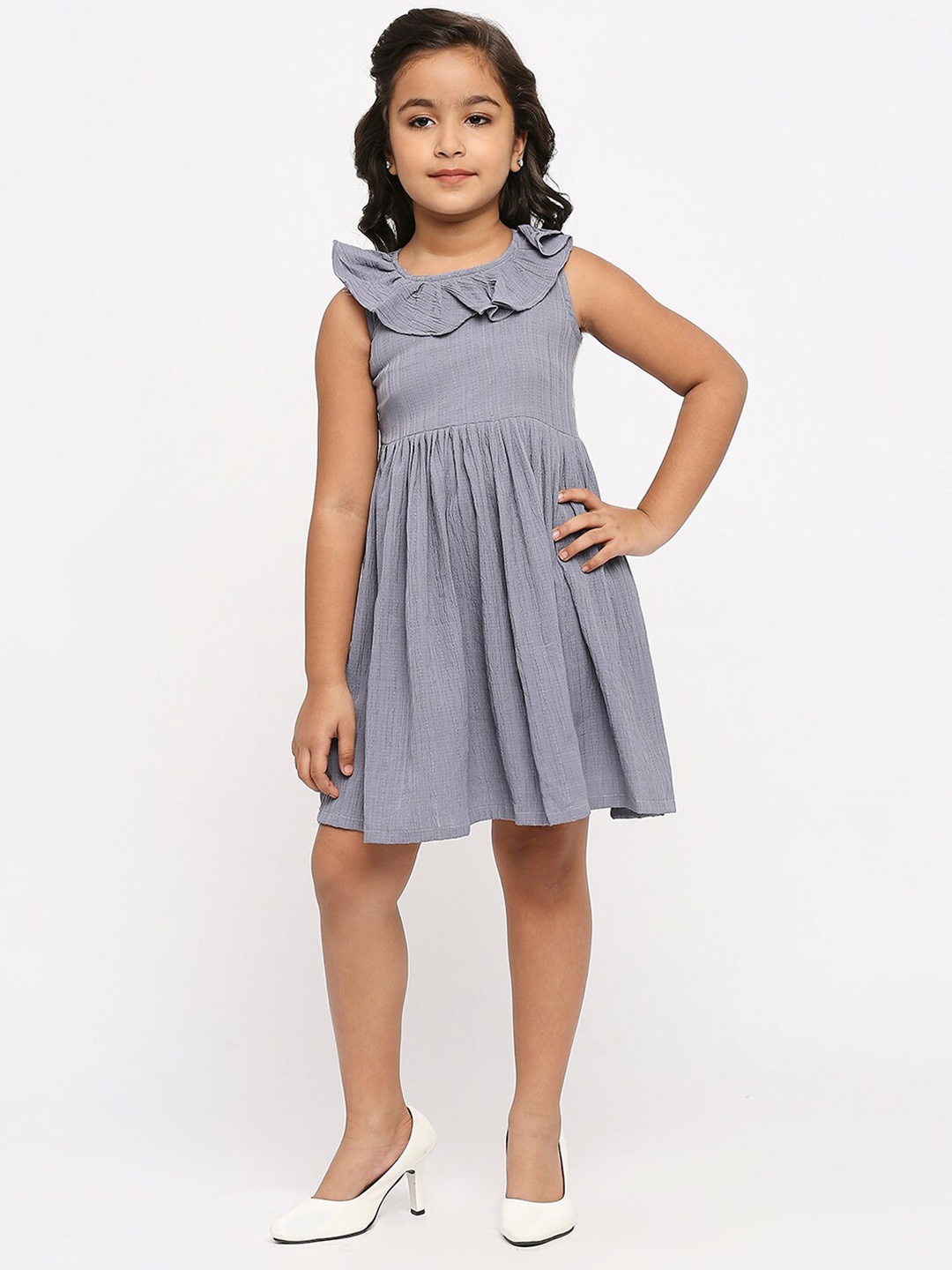 

GUFRINA Girls Striped Ruffles Detailed Fit & Flare Dress, Grey