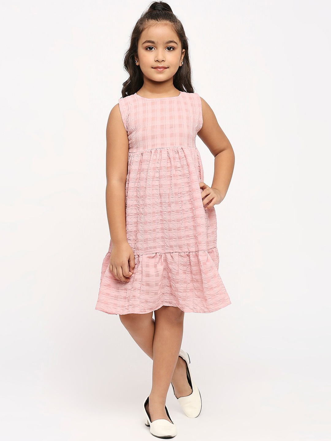 

GUFRINA Girls Checked Gathered Detailed Fit & Flare Dress, Peach