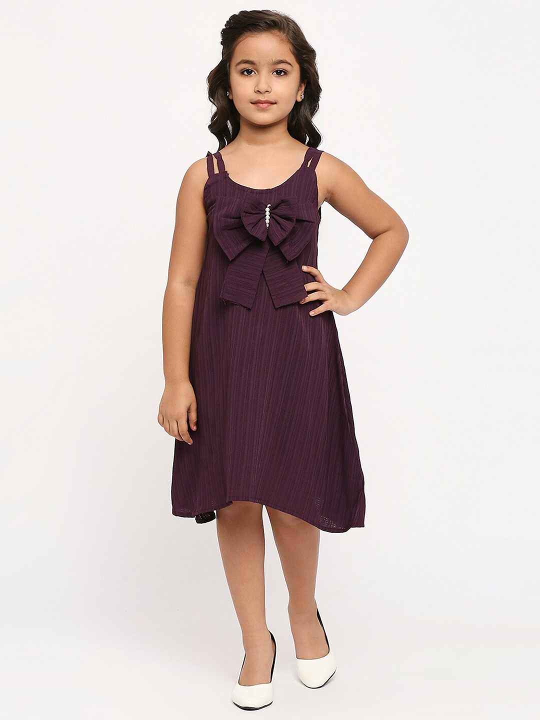 

GUFRINA Girls Striped Bow Detailed A-Line Dress, Burgundy