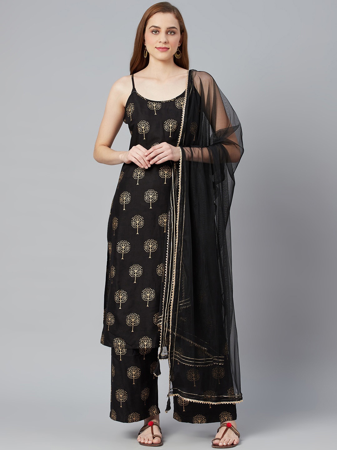 

KALINI Ethnic Motifs Printed Shoulder Straps Pure Cotton Kurta & Palazzos With Dupatta, Black