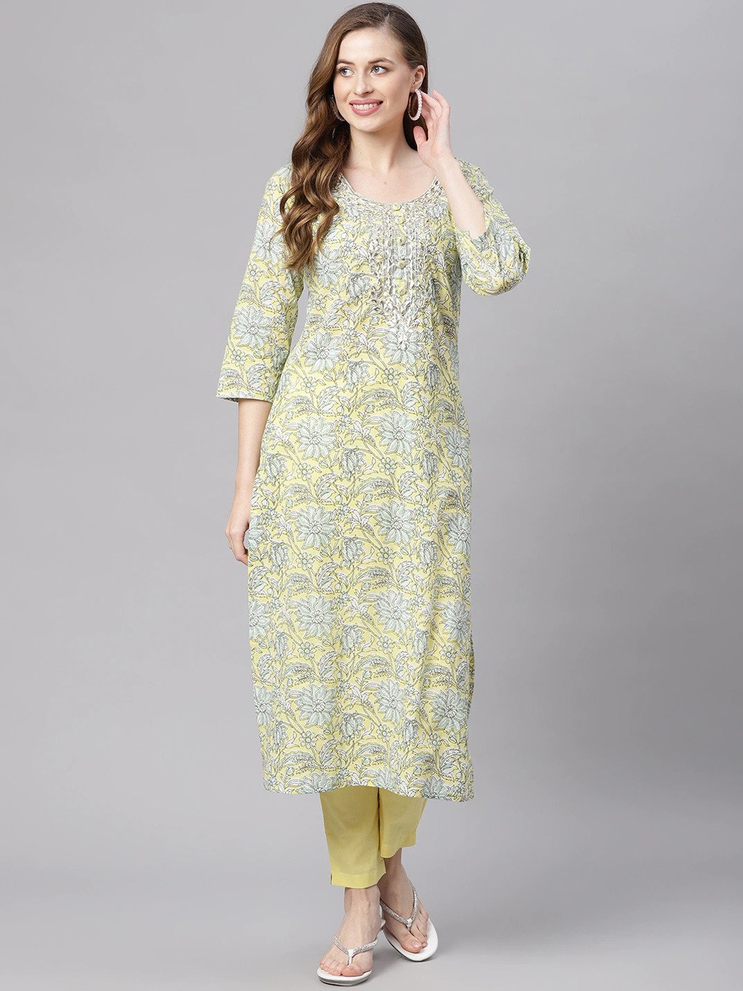 

KALINI Floral Printed Thread Work Detail Pure Cotton straight Kurta with Trousers, Yellow