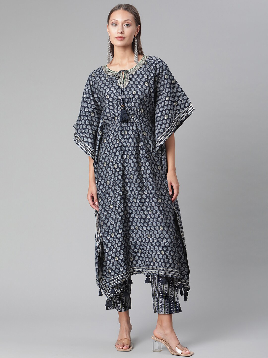 

KALINI Floral Printed Tie-Up Neck Sequinned Kaftan Kurta With Trousers, Blue