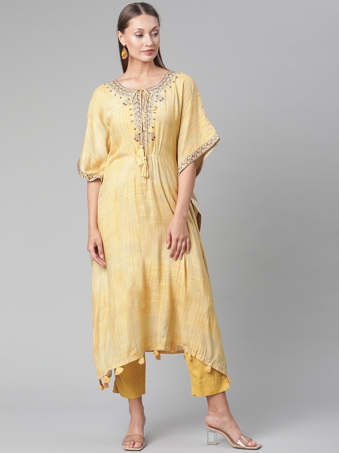 

KALINI Floral Embroidered Tie-Up Neck Kaftan Thread Work Kurta With Trousers, Yellow