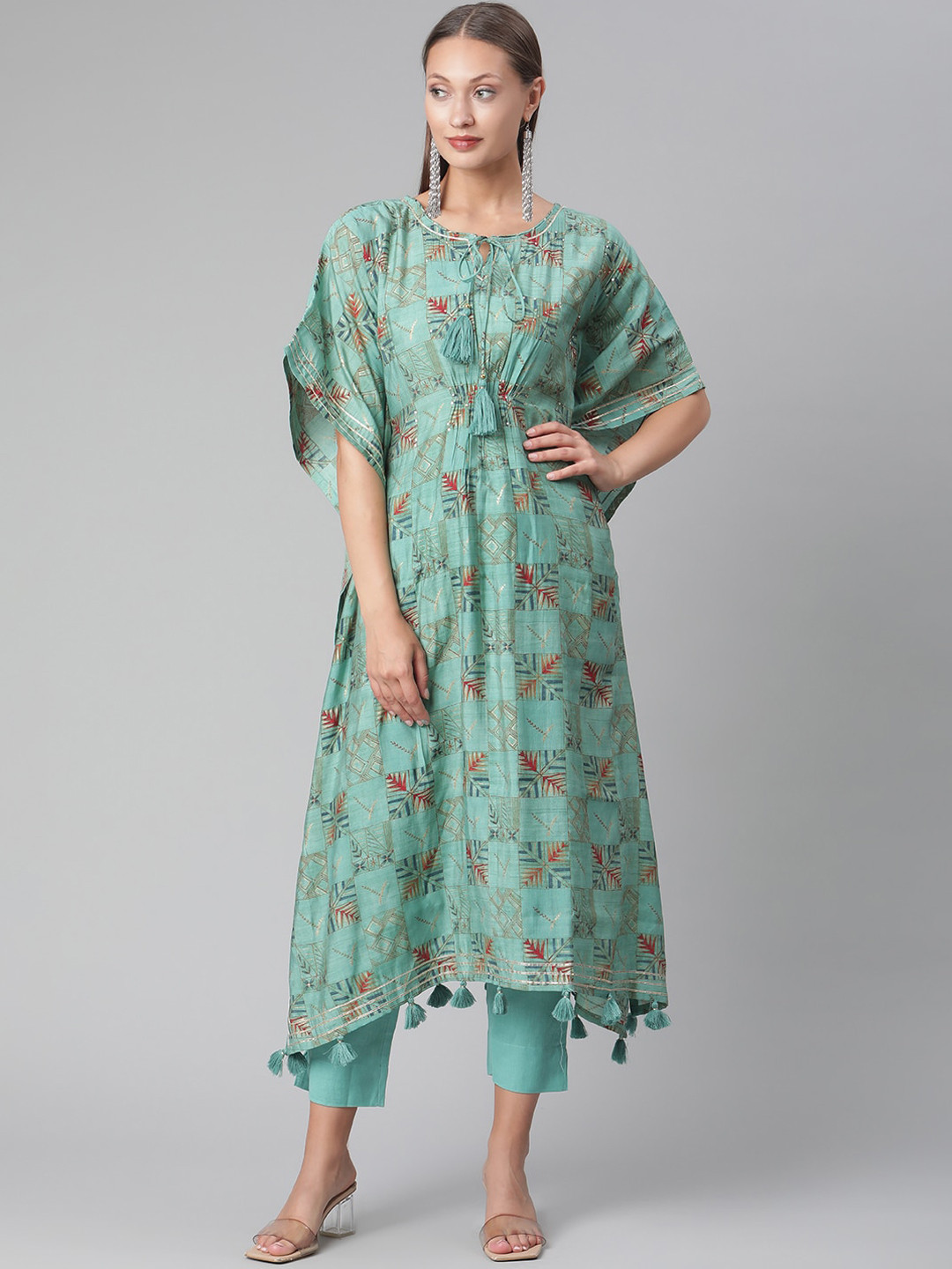 

KALINI Ethnic Motifs Printed Sequinned Detailed Kaftan Kurta With Trouser, Green