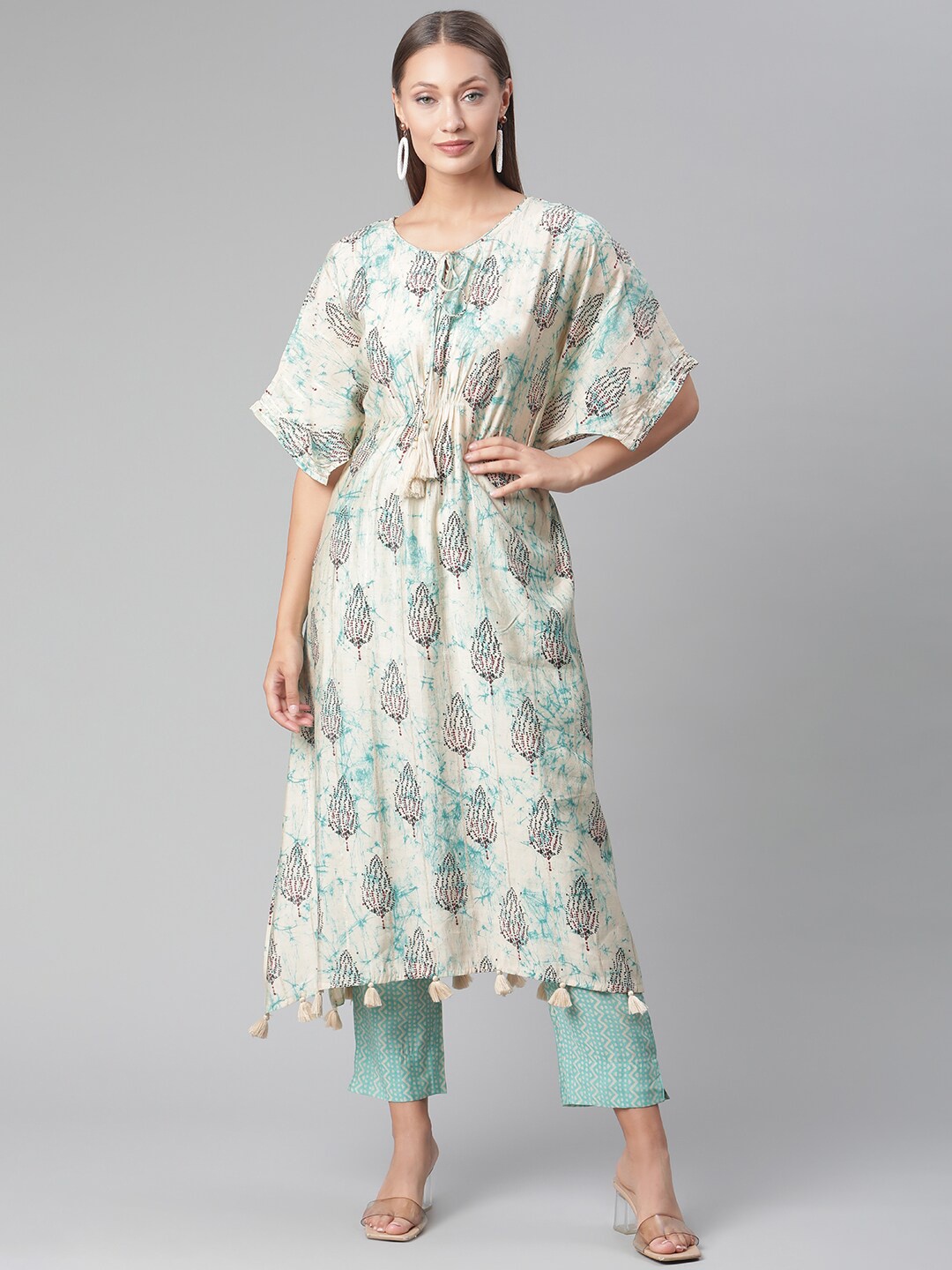 

KALINI Floral Printed Tie-Up Neck Sequinned Kaftan Kurta With Trousers, Green