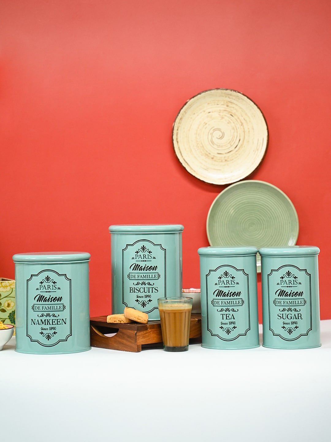 

MARKET99 Green 4 Pieces Printed Tea & Sugar Jars & Biscuits & Namkeen Jars