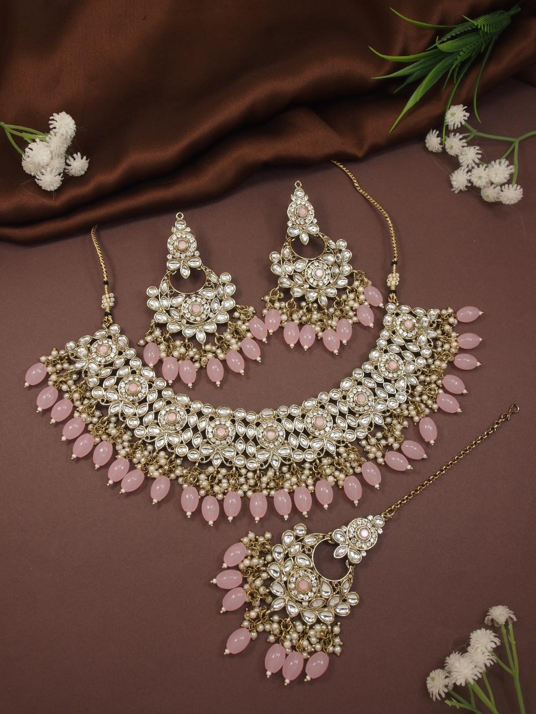 

I Jewels Gold-Plated Kundan-Studded & Beaded Jewellery Set
