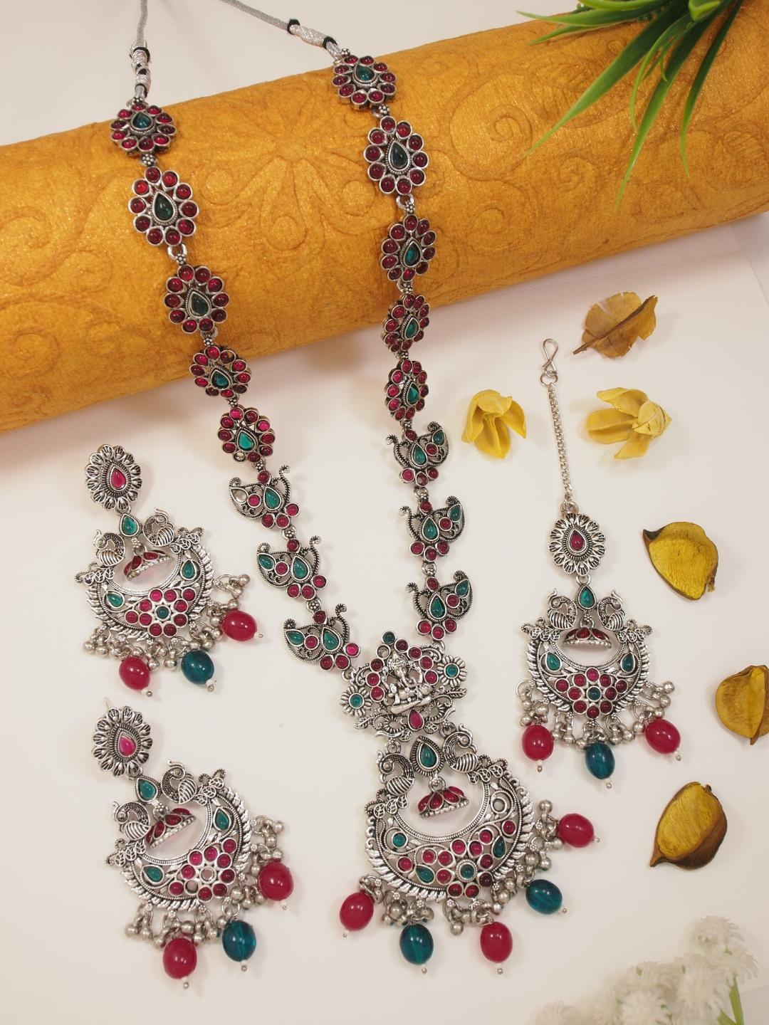 

I Jewels Silver-Plated Artificial Stones Studded Jewellery Set
