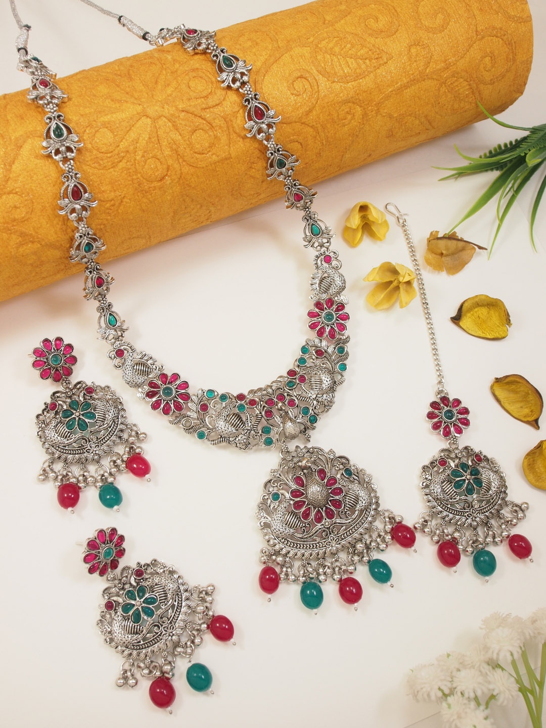 

I Jewels Sliver-Plated Stone-Studded Jewellery Set, Silver