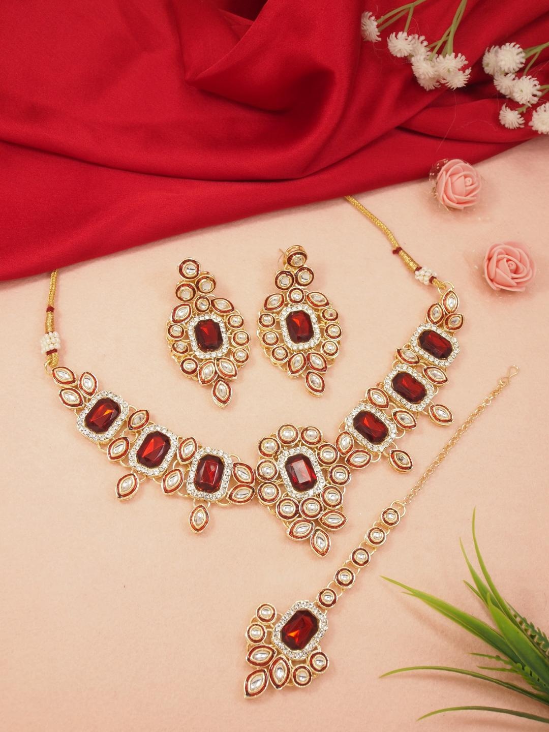 

I Jewels Gold-Plated Kundan & Stone-Studded Necklace & Earrings With Maang Tikka Set