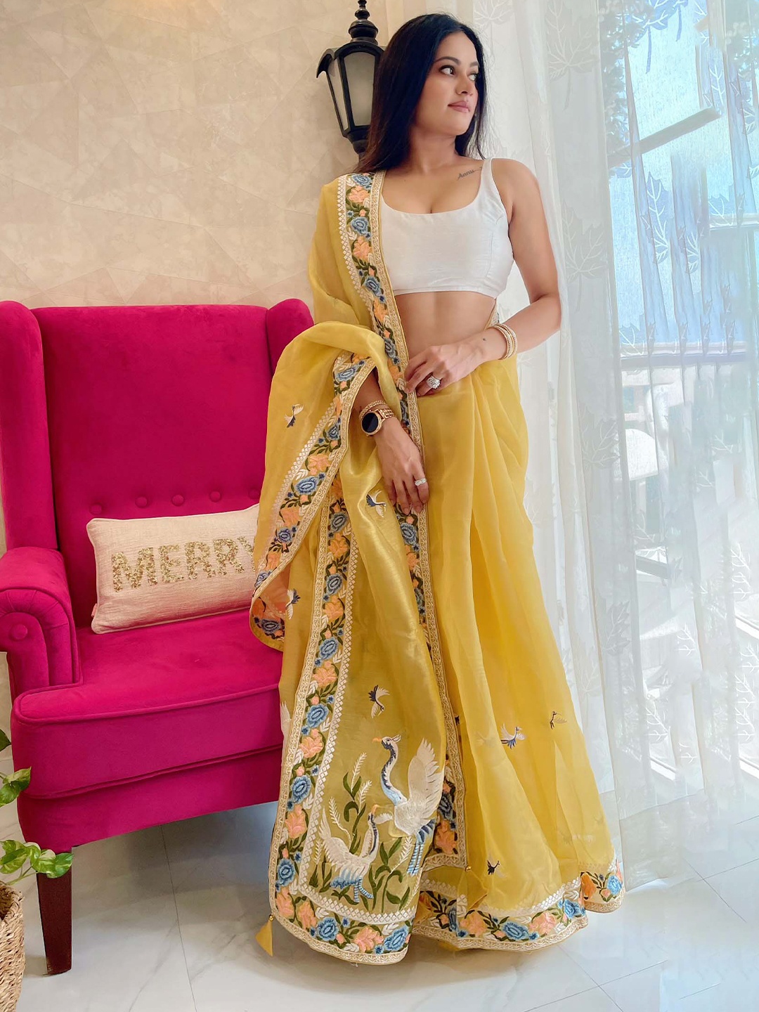 

Stylefables Floral Embroidered Saree, Yellow