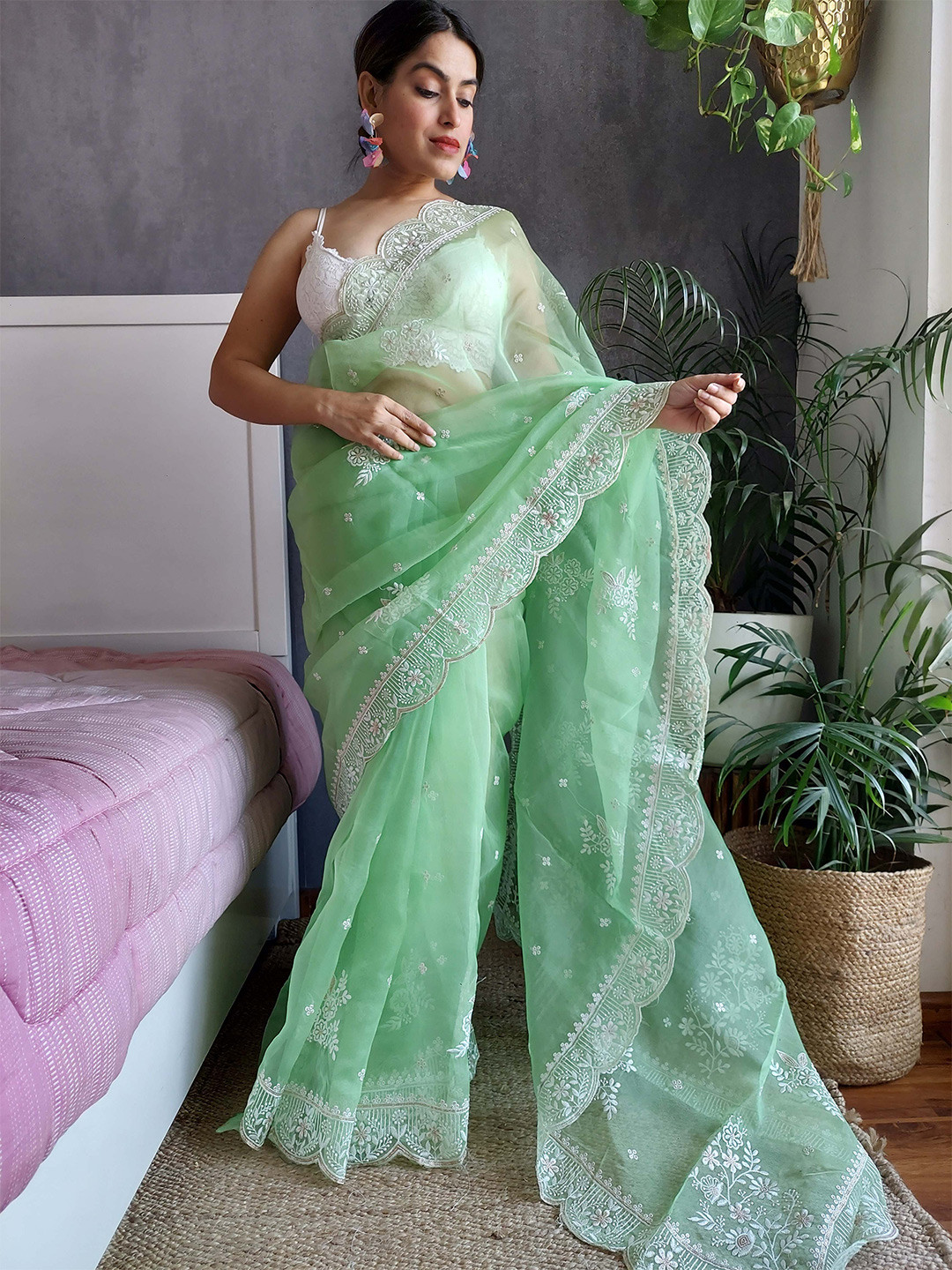 

Stylefables Floral Embroidered Saree, Green