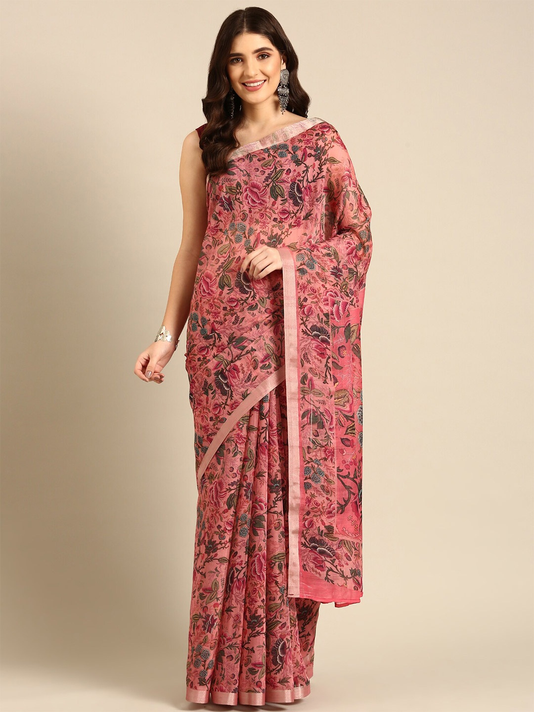 

Stylefables Floral Printed Zari Saree, Pink
