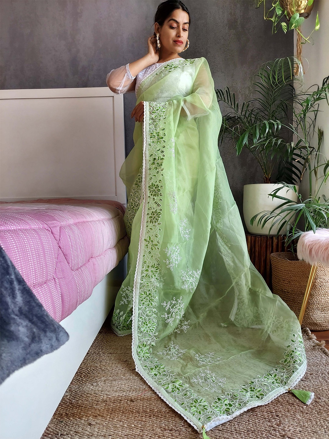 

Stylefables Ethnic Motifs Embroidered Saree, Green