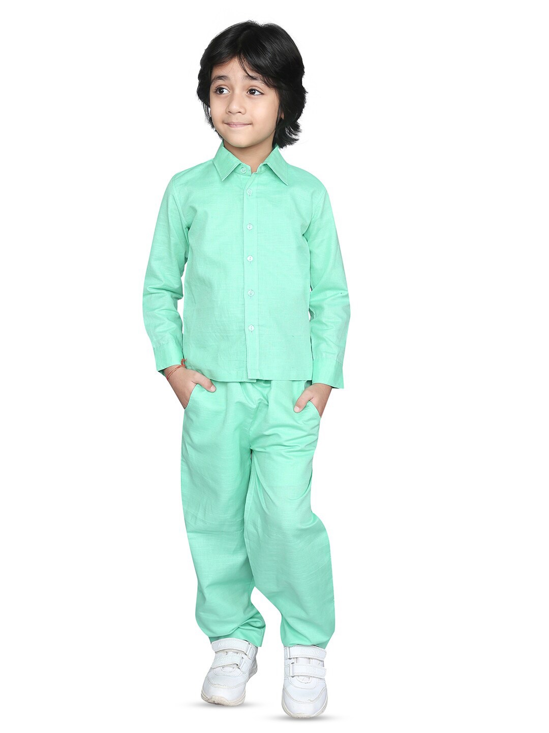 

ZIP ZAP ZOOP Boys Pure Cotton Shirt with Trousers, Sea green