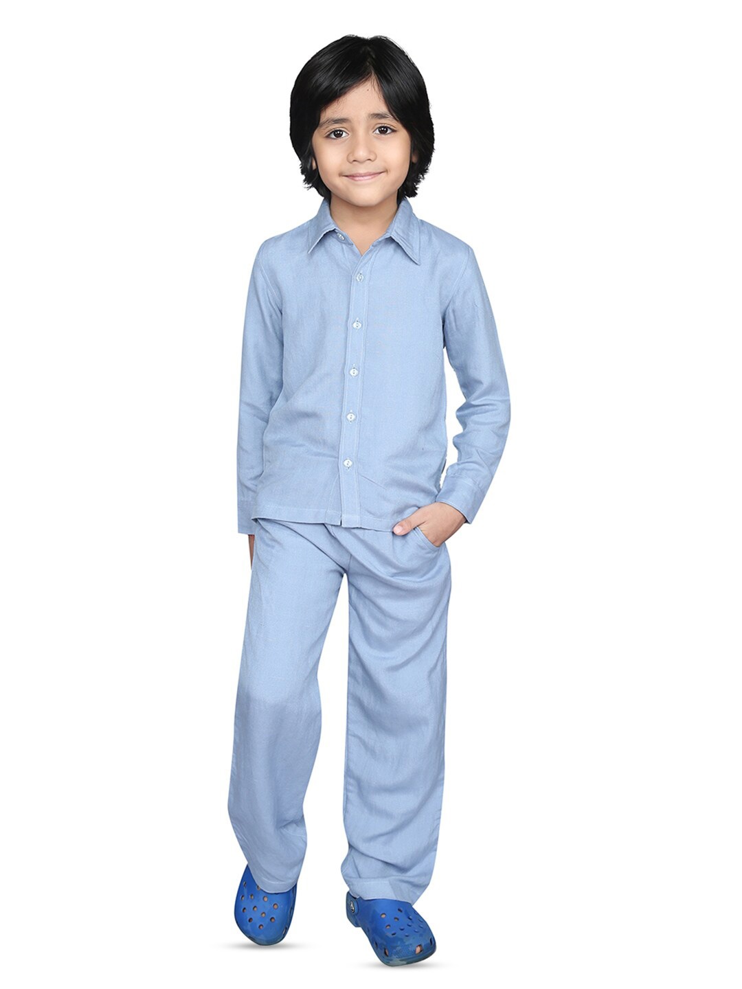 

ZIP ZAP ZOOP Boys Pure Cotton Shirt with Trousers, Blue