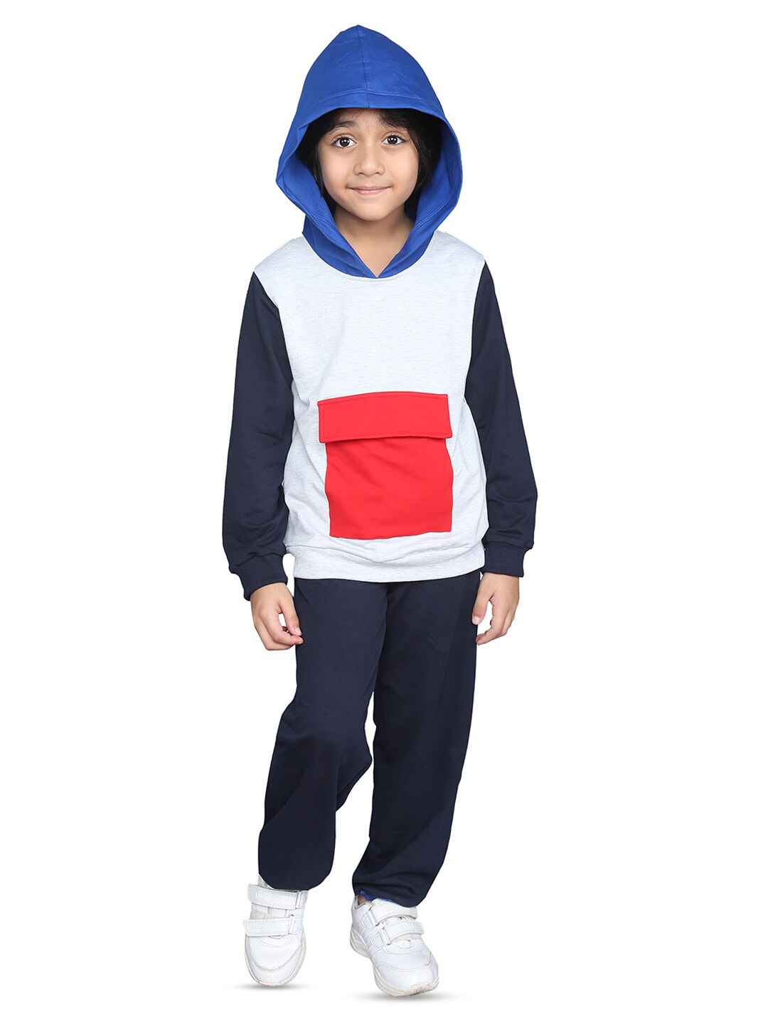 

ZIP ZAP ZOOP Boys Colourblocked Pure Cotton Hooded Sweatshirt With Trousers, Navy blue