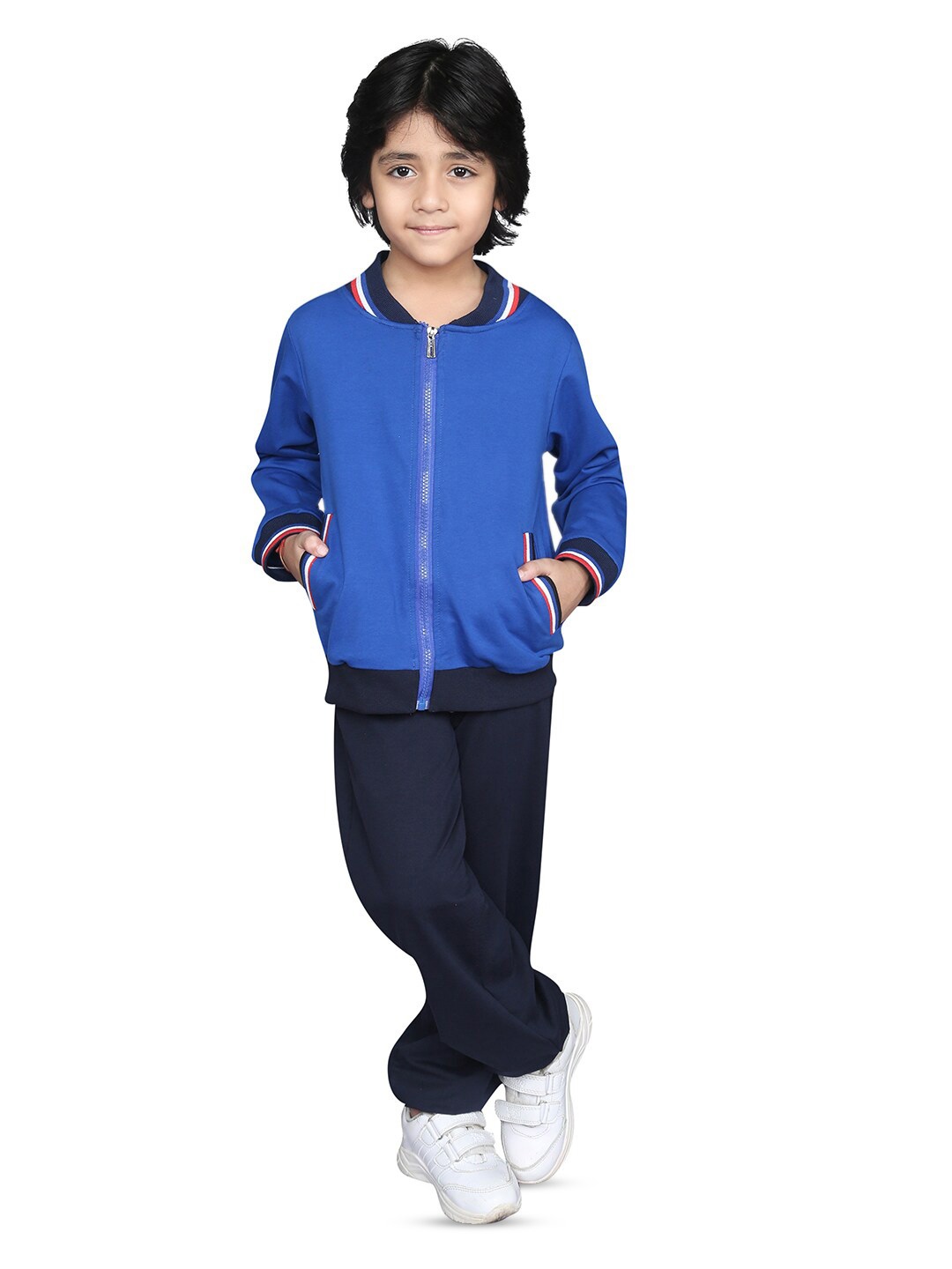 

ZIP ZAP ZOOP Boys Mock Collar Pure Cotton T-Shirt With Trousers, Blue