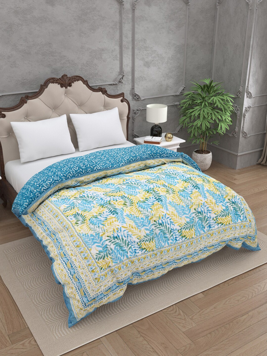

JAIPUR FABRIC Blue & Yellow Printed Cotton 210 GSM Double Bed Quilt