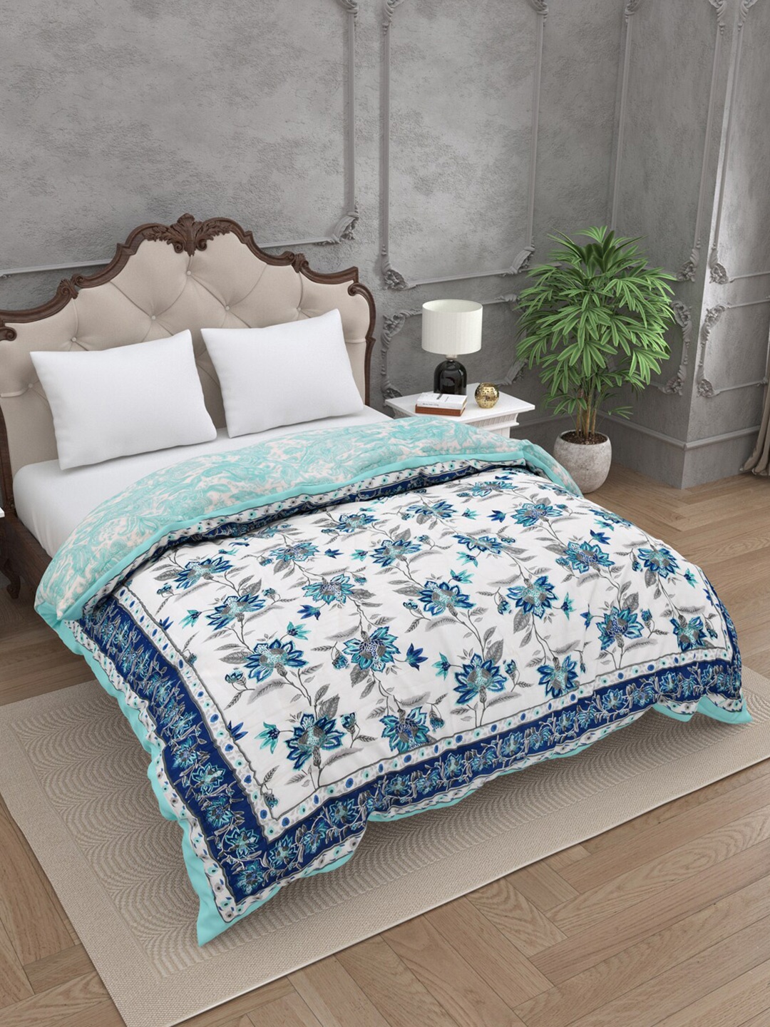 

JAIPUR FABRIC Blue & Off White Printed Cotton 210 GSM Double Bed Quilt