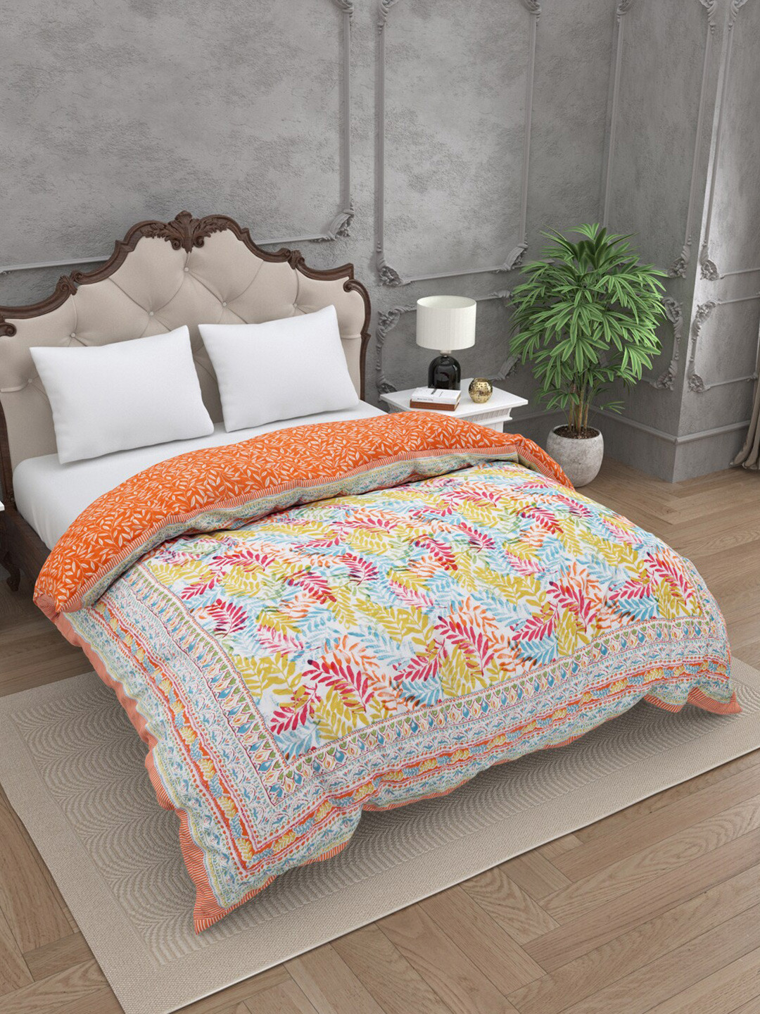 

JAIPUR FABRIC Pink & Orange Printed Cotton 210 GSM Double Bed Quilt