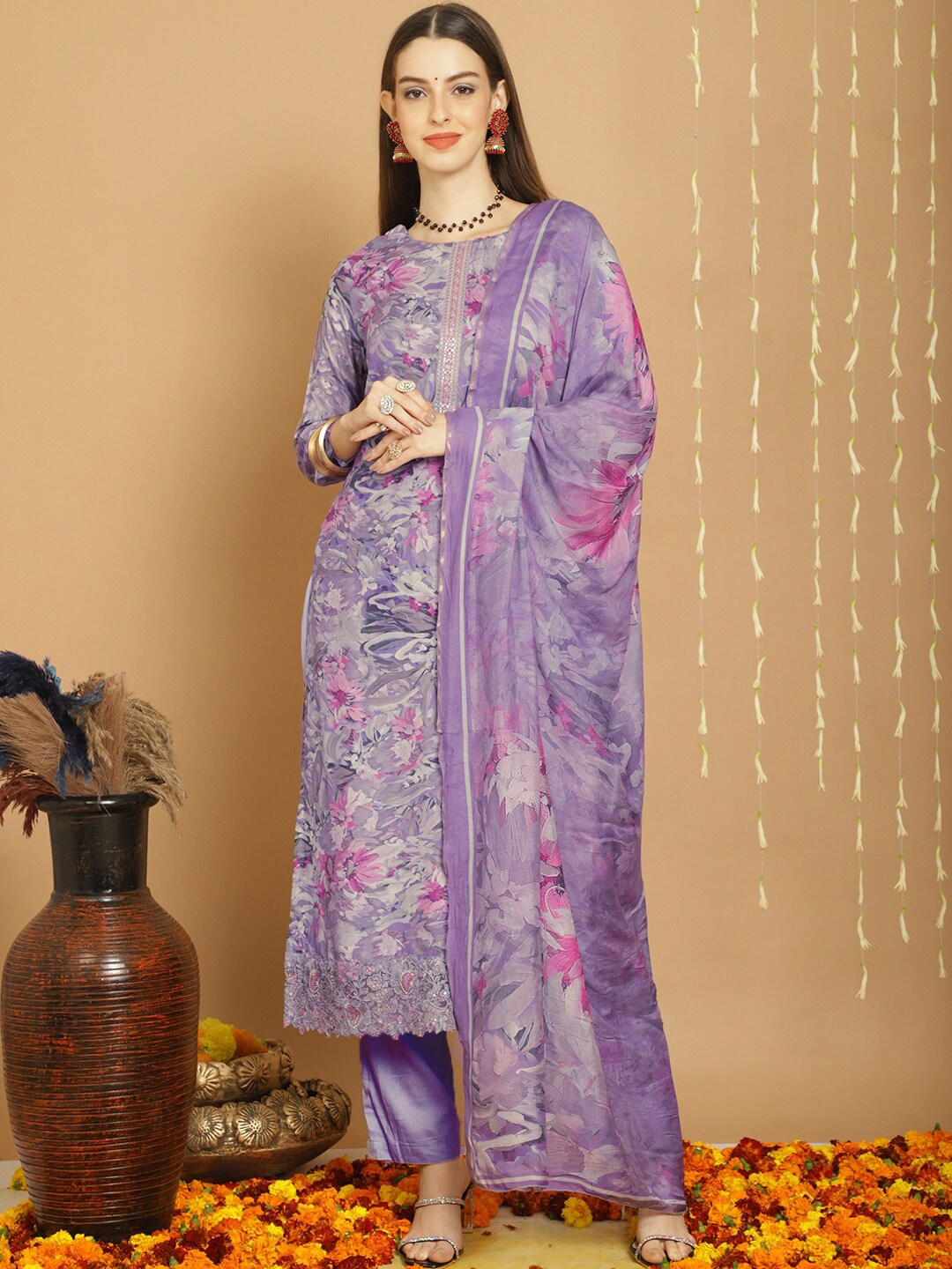 

Stylee LIFESTYLE Printed Pure Silk Unstitched Dress Material, Purple