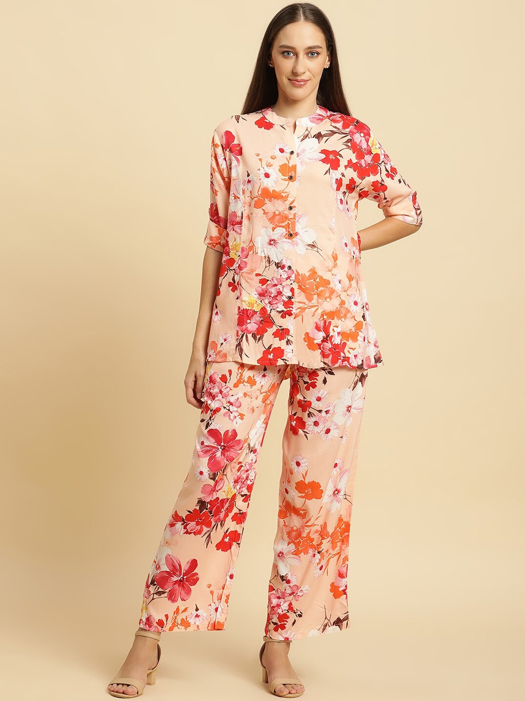 

Kannan Floral Printed Mandarin Collar Shirt & Flared Palazzo, Peach