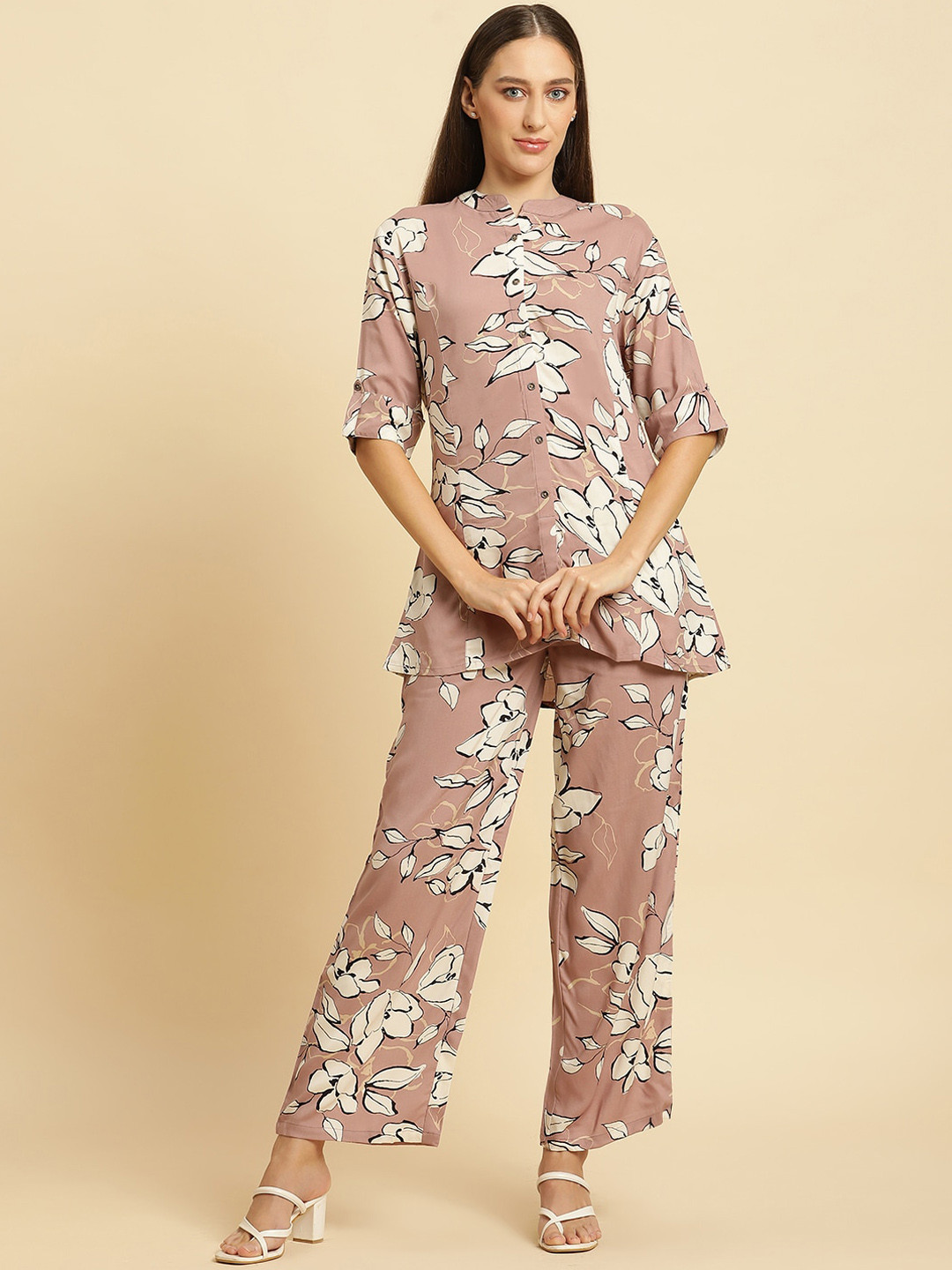 

Kannan Floral Printed Mandarin Collar Shirt & Flared Palazzo, Lavender