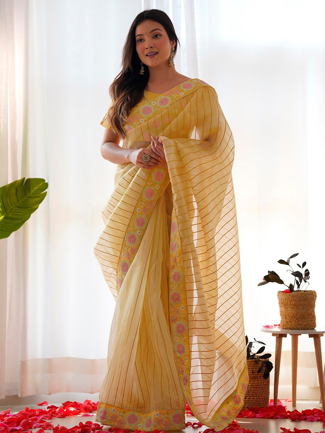

Saree mall Yellow Striped Organza Designer Sarees