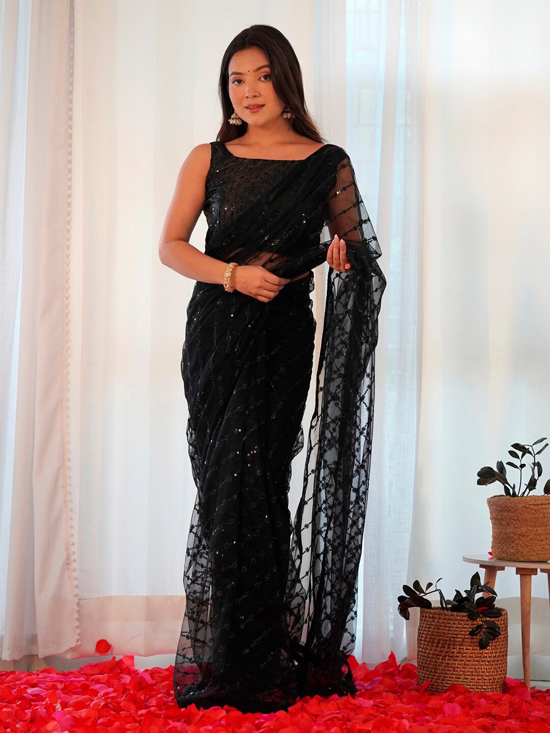 

Saree mall Black Embellished Sequinned Net Designer Sarees
