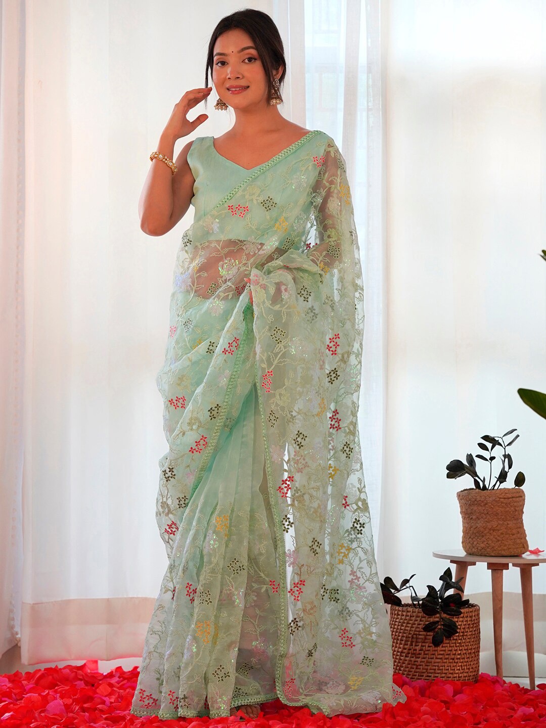 

Saree mall Sea Green & Red Embellished Sequinned Organza Designer Sarees