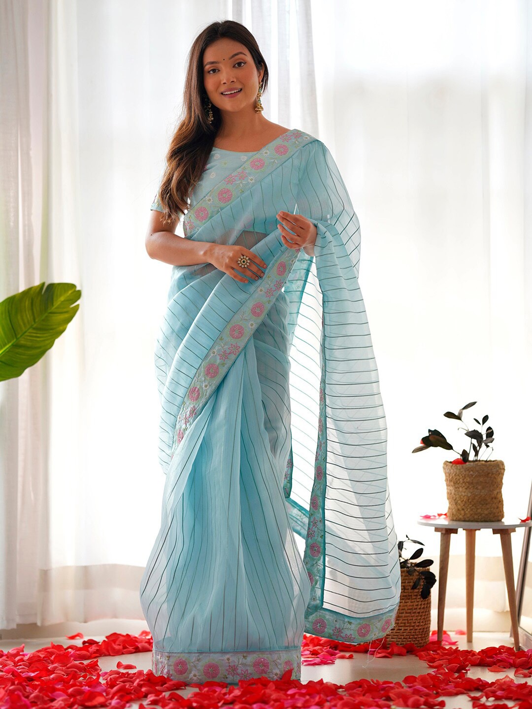 

Saree mall Striped Embroidered Organza Saree, Blue
