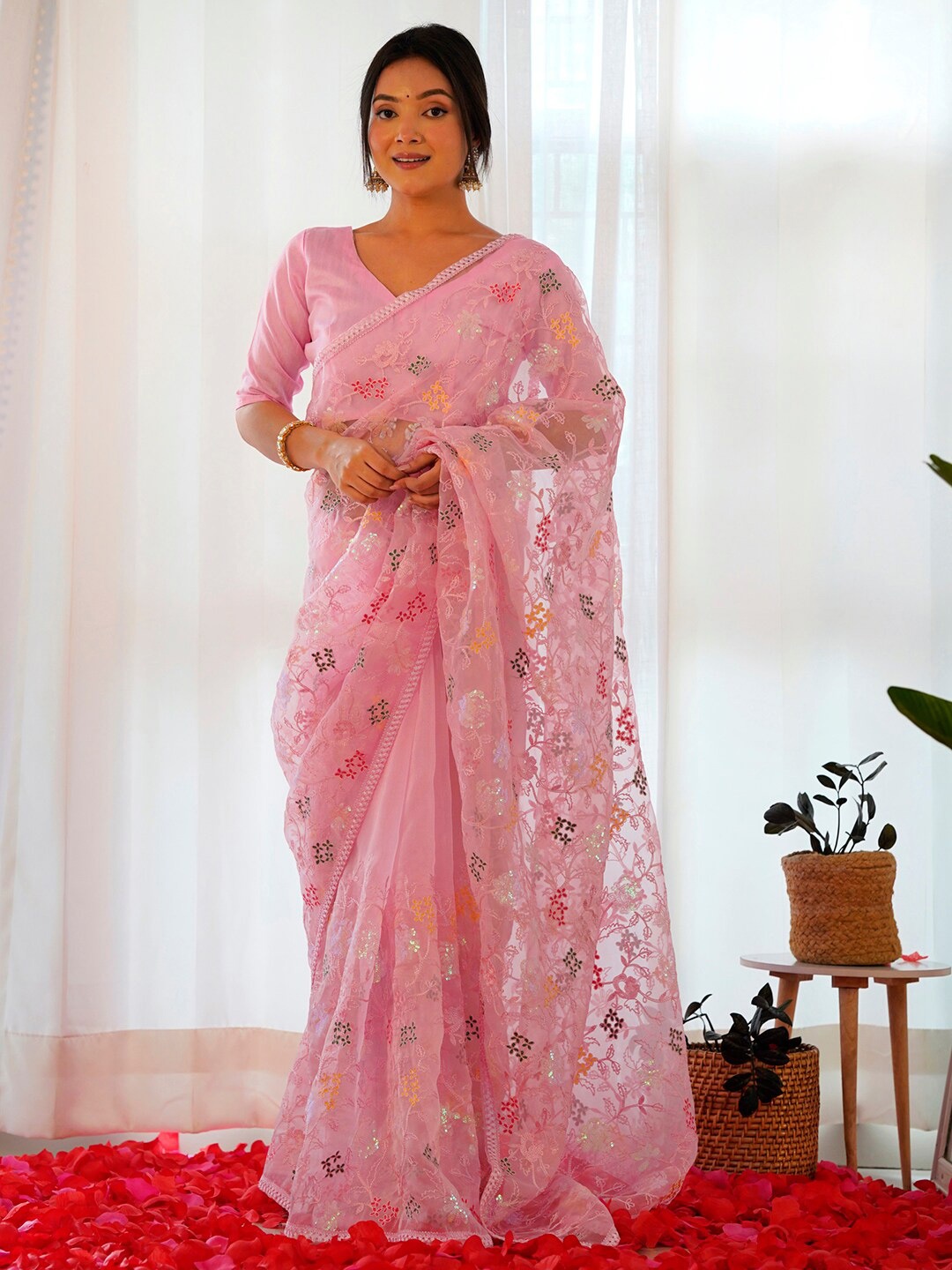 

Saree mall Pink Embellished Sequinned Organza Designer Sarees