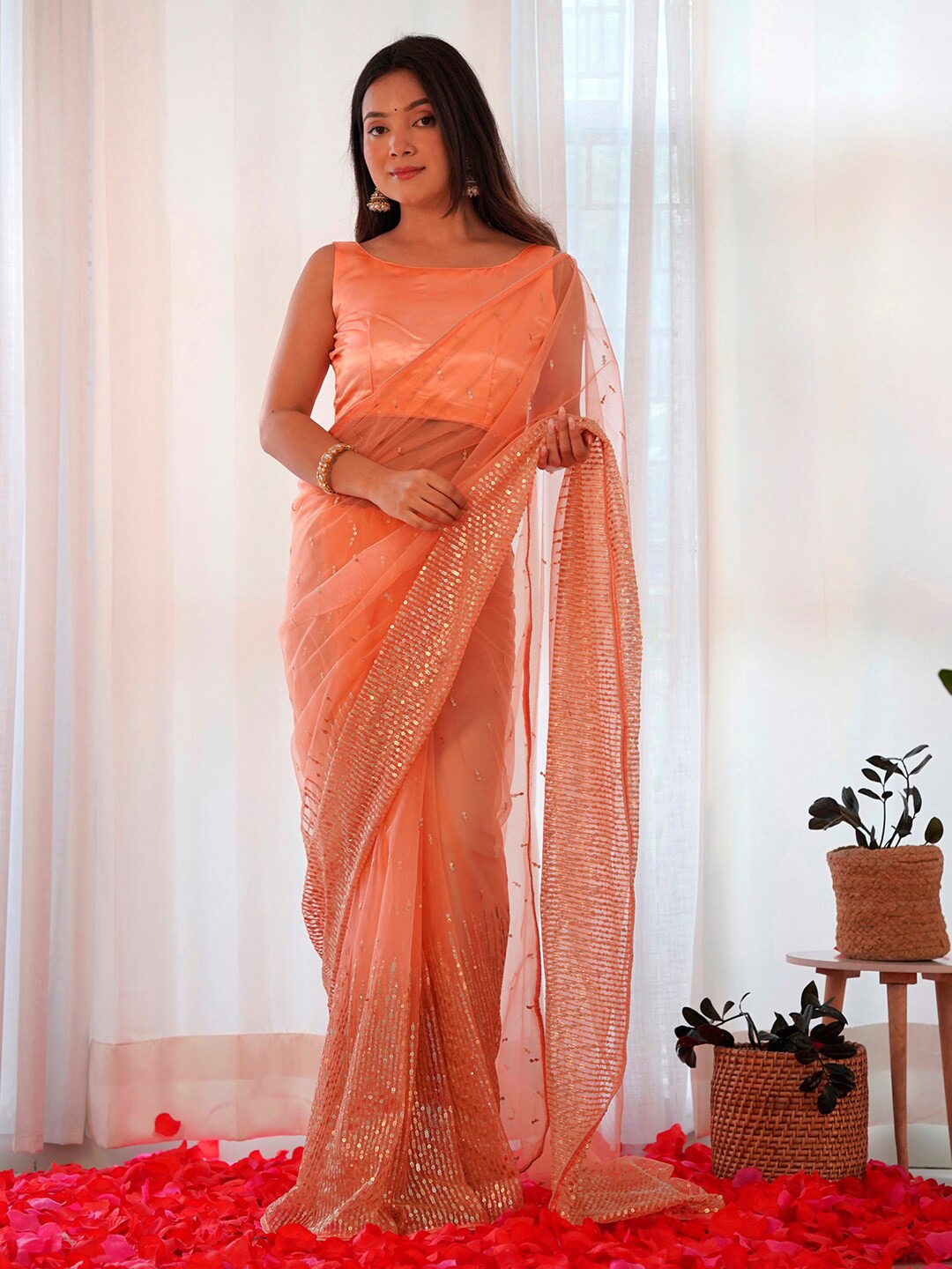 

Saree mall Embellished Sequinned Net Saree, Peach