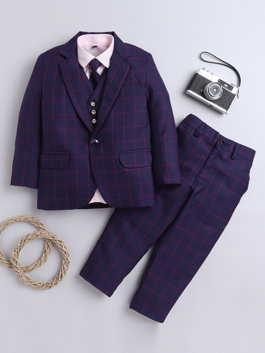 

Lil homies Boys Checked Single Breasted Five Piece Formal Suit, Navy blue