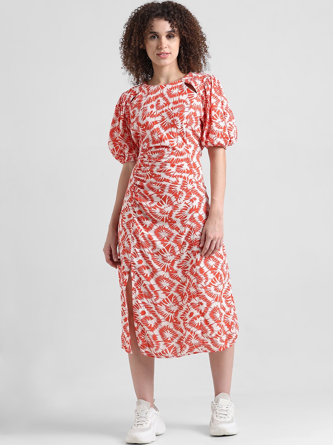 

ONLY Abstract Printed Puff Sleeves Gathered A-Line Midi Dress, Red