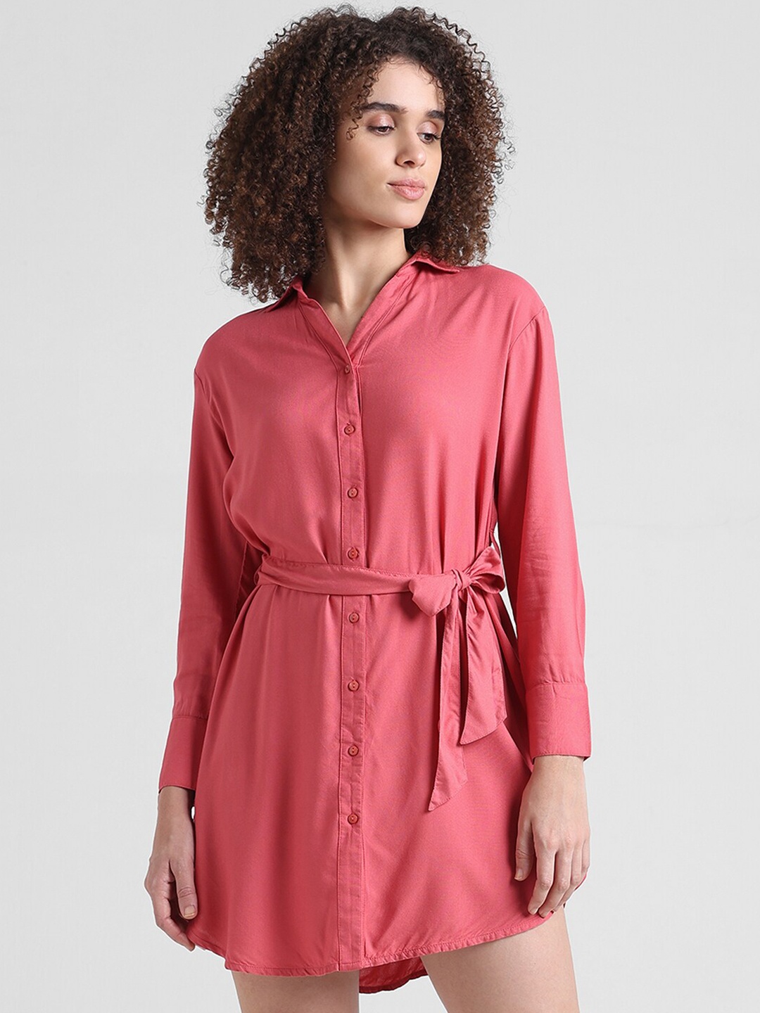 

ONLY Cuffed Sleeves Belted Shirt Dress, Pink