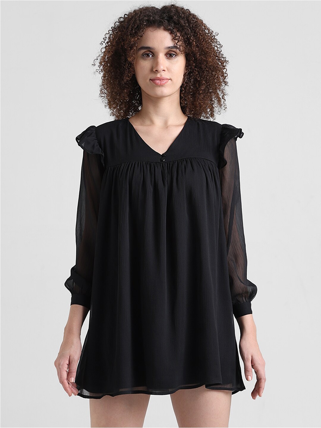 

ONLY Ruffled Gathered Chiffon A-Line Mini Dress, Black