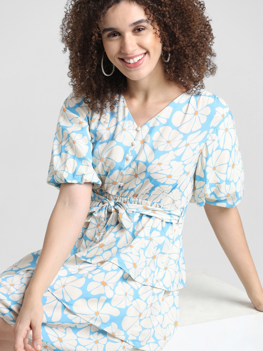 

ONLY Floral Printed Puff Sleeves Belted Layered Fit & Flare Dress, Blue