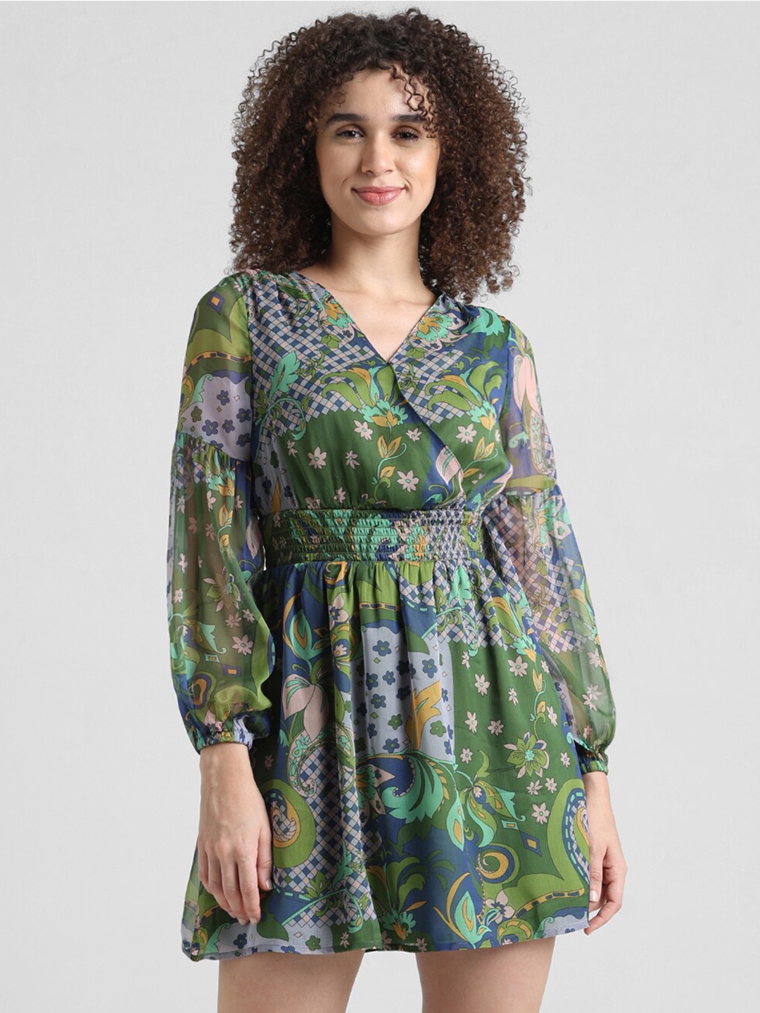

ONLY Floral Printed Puff Sleeves Chiffon Mini Fit & Flare Dress, Green