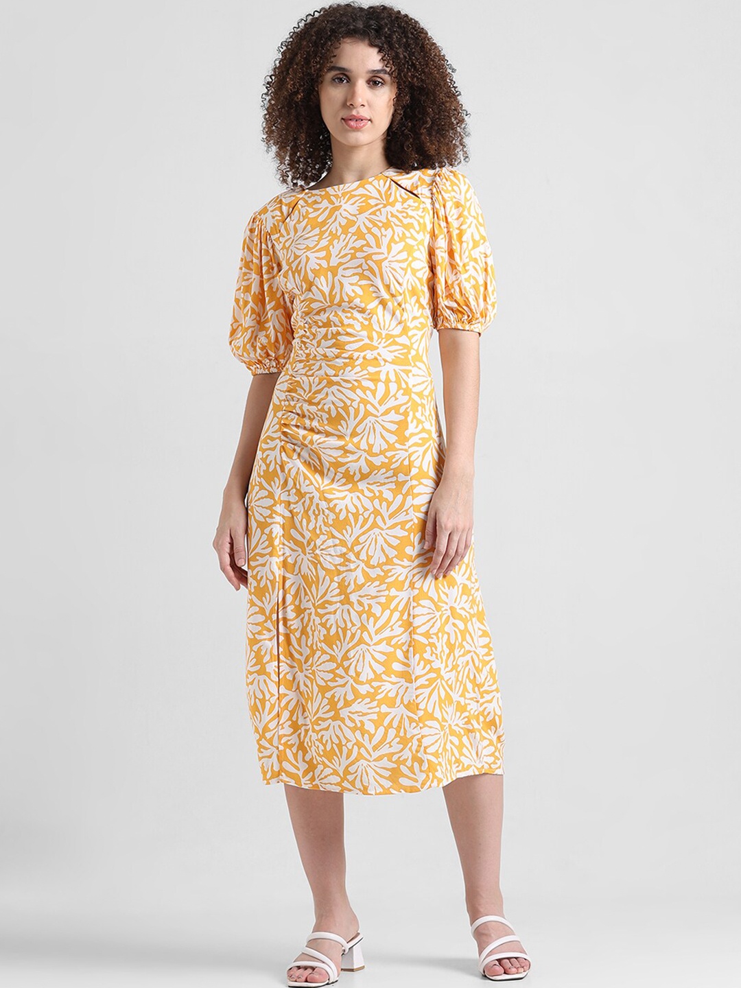 

ONLY Abstract Printed Puff Sleeves Gathered A-Line Midi Dress, Yellow